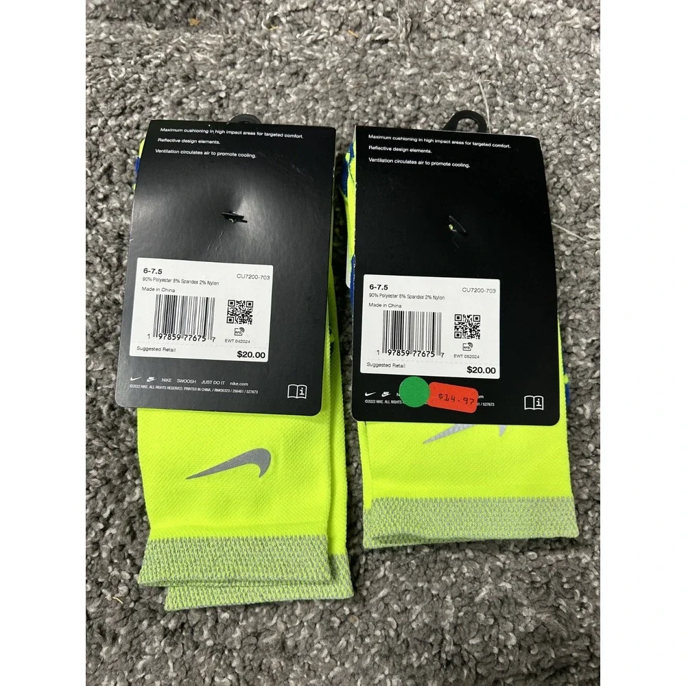 Nike Womens Size 7.5-9 Volt Green Blue Crew Cushioned Socks 2 Pair